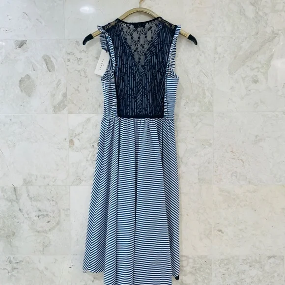NWT SANDRO Dress Blue White Striped Cotton Lace Back "Gana" - Picture 3 of 13